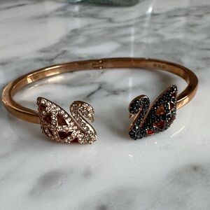 Rose Gold Swarovski Swan Open Bangle Bracelet with Crystal Accents